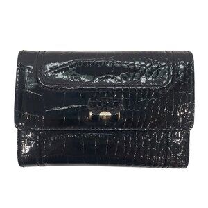 Liz Claiborne Black Patent Leather Croc Embossed Wallet Trifold 10+ Card Slots